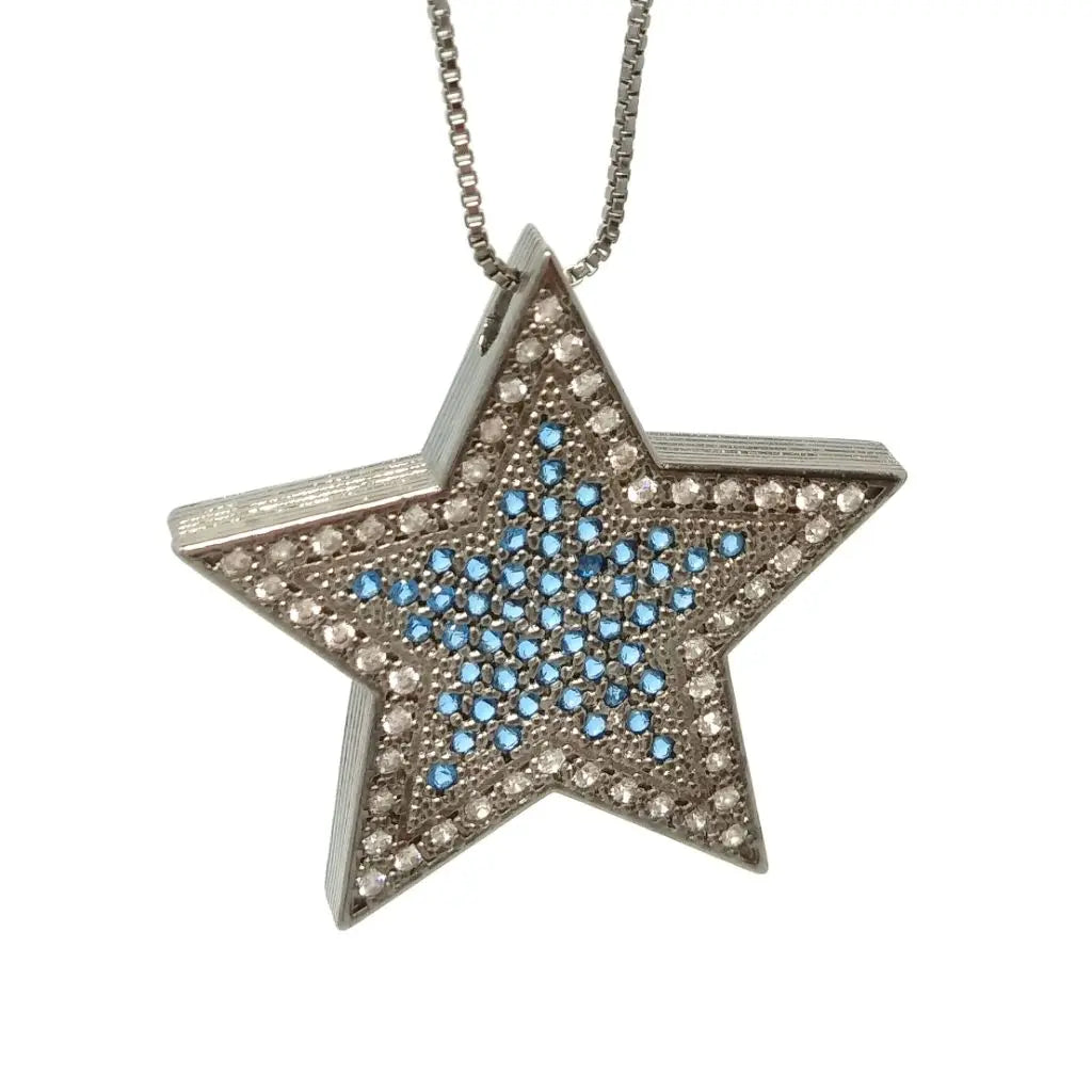 Colar geométrico Estrela zircônia cristal azul banhado em Ródio Negro Majuh Semijoias Handmade