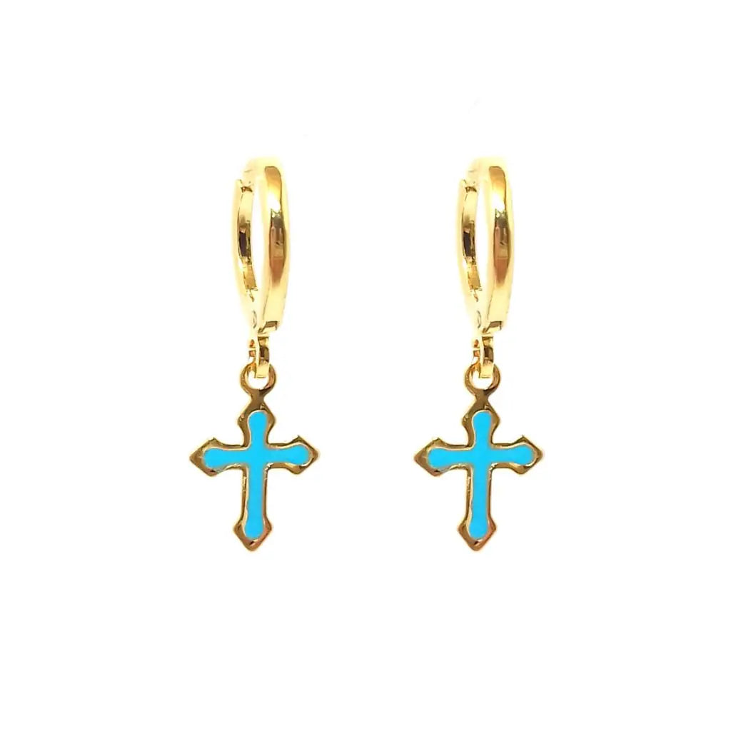 Brinco argola crucifixo azul ouro Majuh Semijoias Handmade