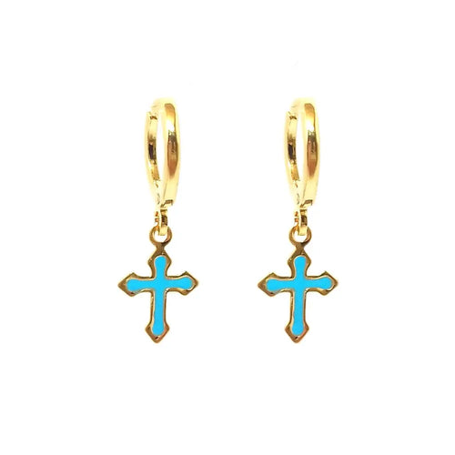 Brinco argola crucifixo azul ouro Majuh Semijoias Handmade