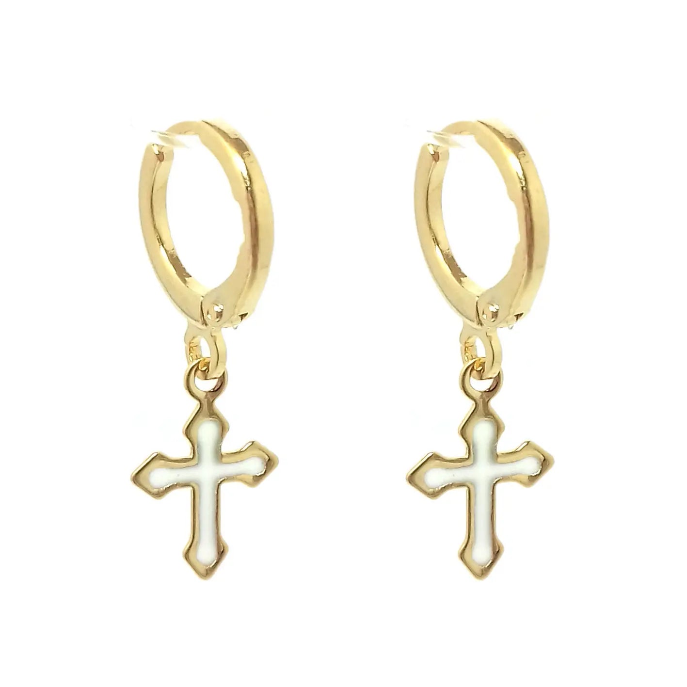 Brinco argola pingente crucifixo resinado branco banhado em Ouro 18k Majuh Semijoias Handmade