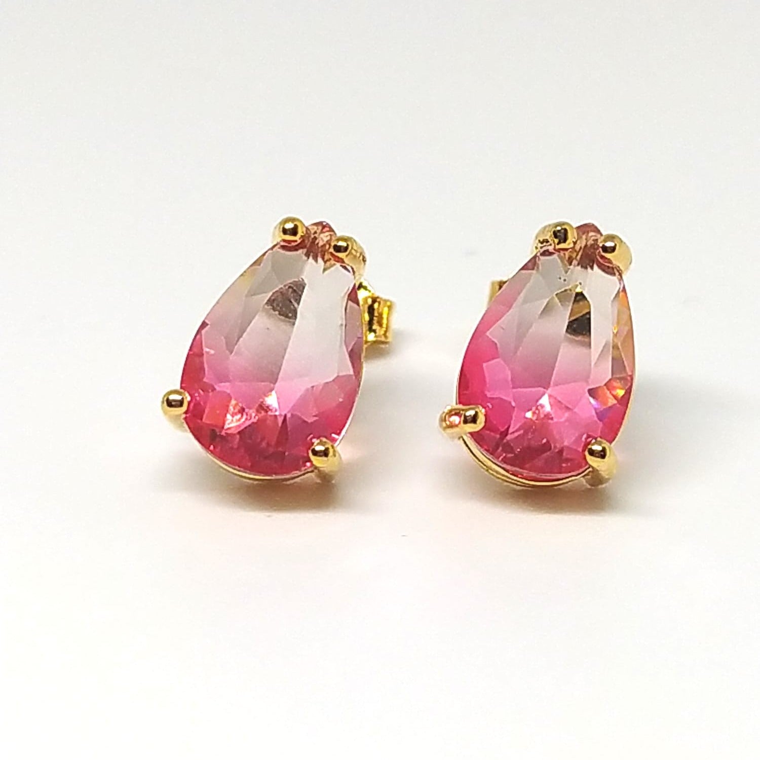 Conjunto brinco colar gota zircônia rosa degradê banhado em ouro 18k