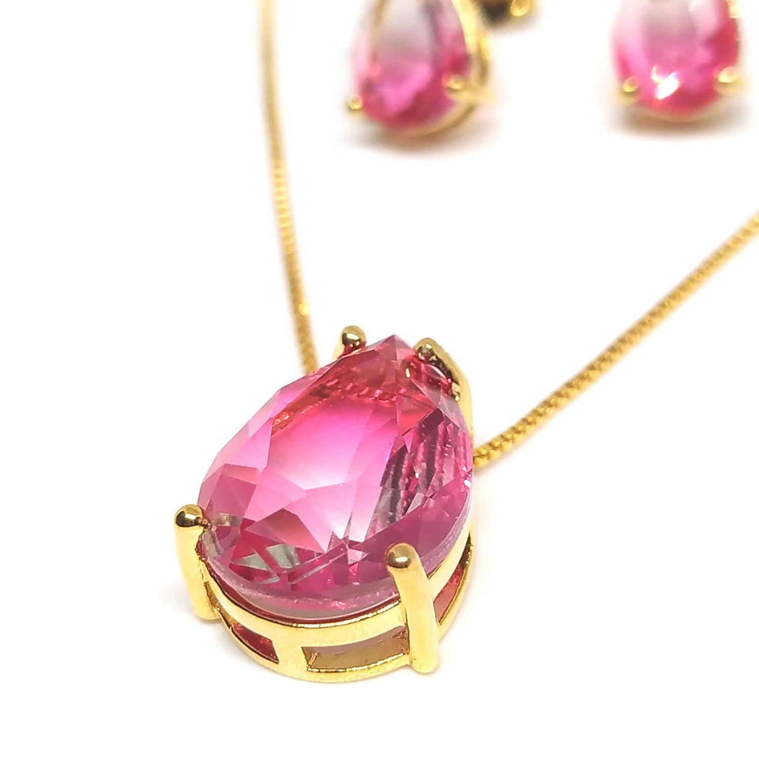 Conjunto brinco colar gota zircônia rosa degradê banhado em ouro 18k